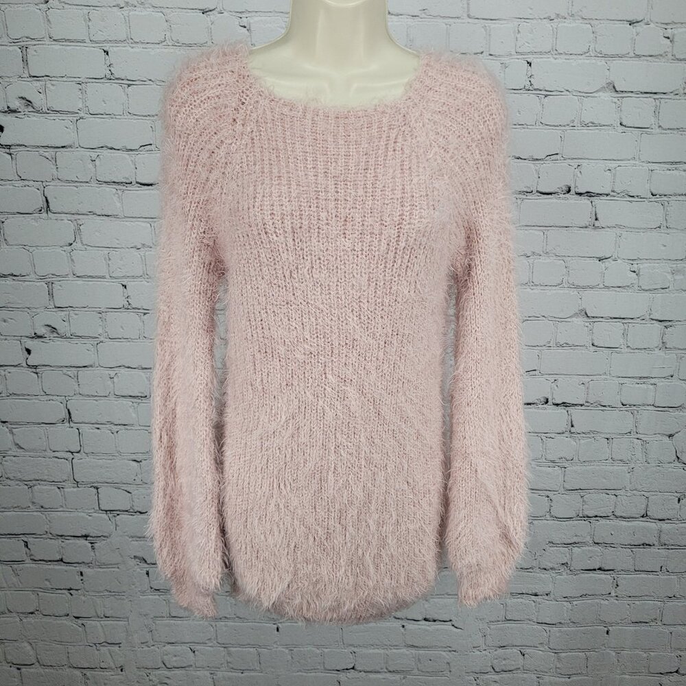 Don't Ask Why Pink Fuzzy Knit Faux Fur Long Sleeve Pullover Sweater Italy O/S
